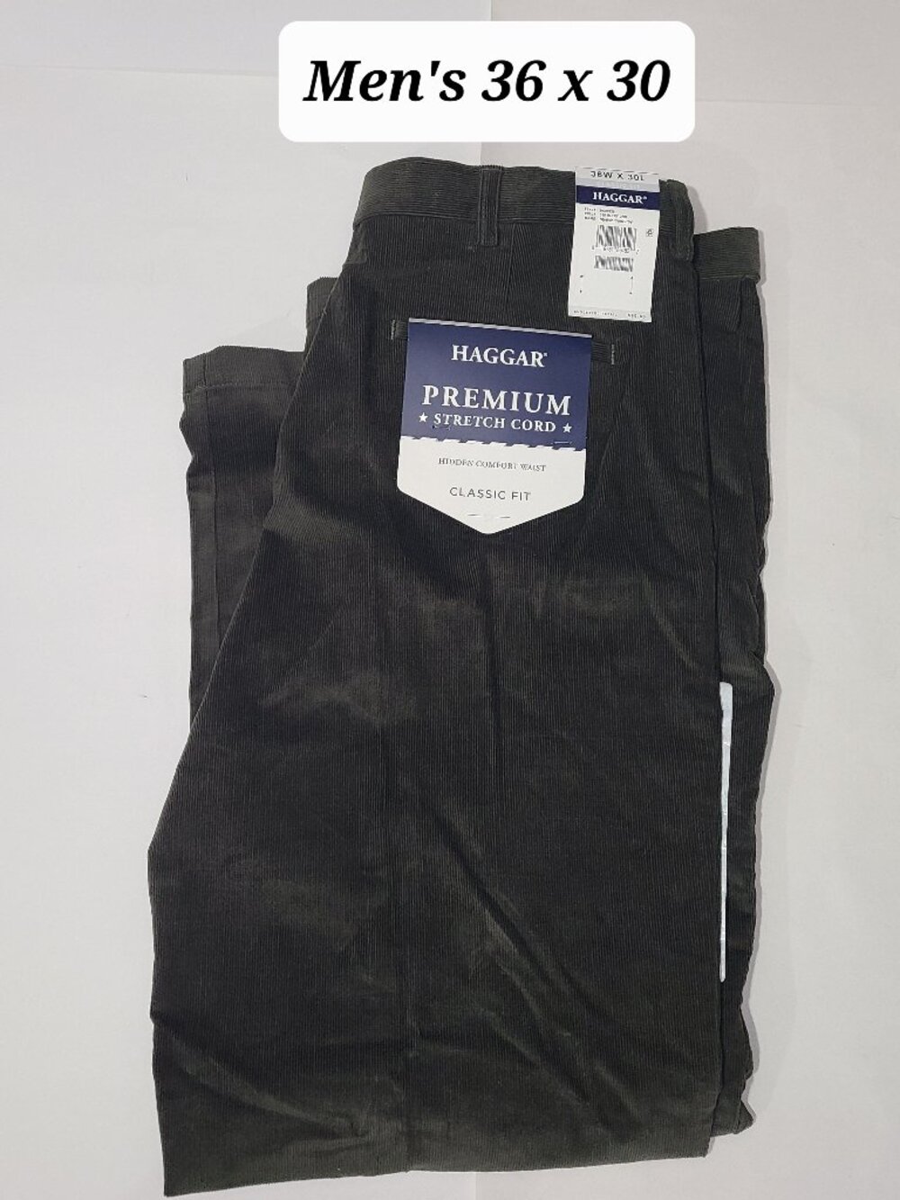 Haggar Flat Front Military Green Stretch Corduroy Men's Pants Size 36 x 30 NWT